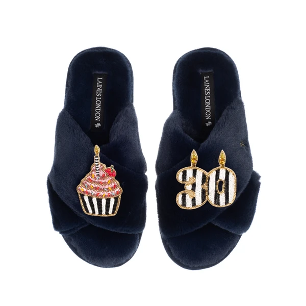 laines london Classic Laines Slippers With Stripe 30th Birthday & Cake Brooches