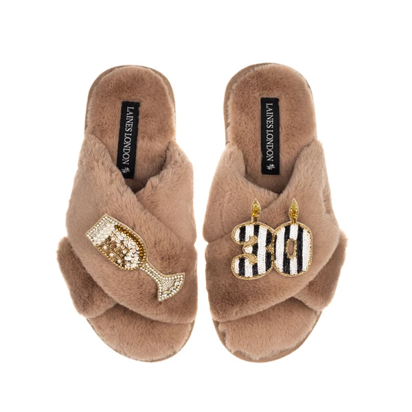 laines london Classic Laines Slippers With Stripe 30th Birthday & Glass Of Champagne Brooches