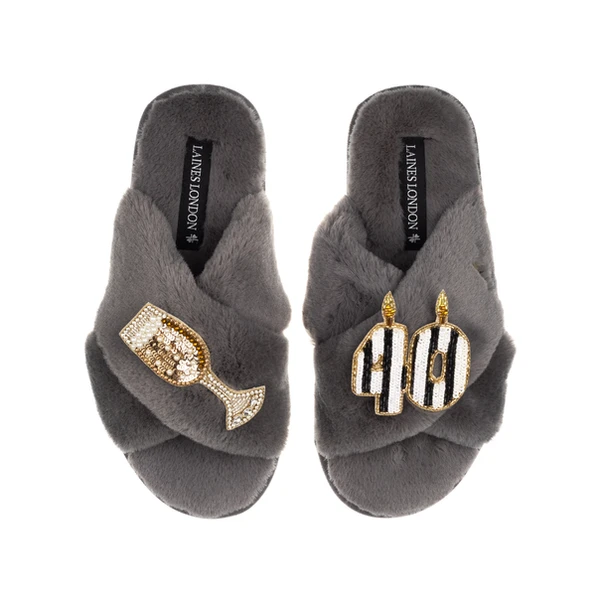 Laines London Classic Laines Slippers With Stripe 40th Birthday & Glass Of Champagne Brooches