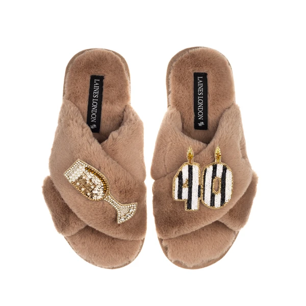 Laines London Classic Laines Slippers With Stripe 40th Birthday & Glass Of Champagne Brooches