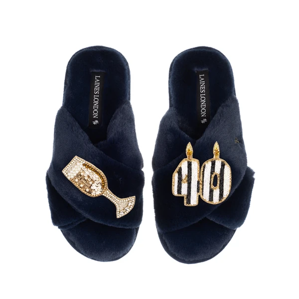 Laines London Classic Laines Slippers With Stripe 40th Birthday & Glass Of Champagne Brooches