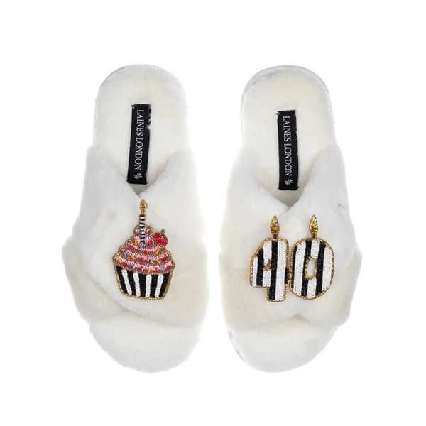 Laines London Classic Laines Slippers With Stripe 40th Birthday & Cake Brooches