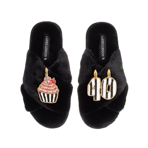 Laines London Classic Laines Slippers With Stripe 40th Birthday & Cake Brooches