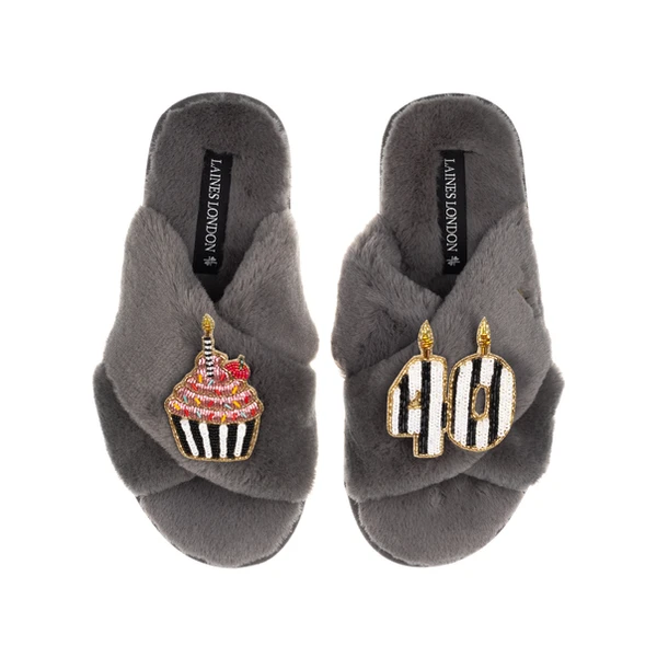 laines london Classic Laines Slippers With Stripe 40th Birthday & Cake Brooches