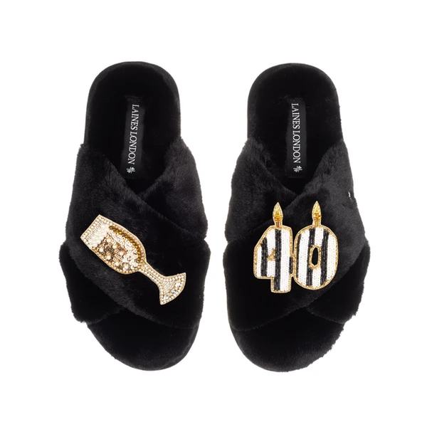 laines london Classic Laines Slippers With Stripe 40th Birthday & Glass Of Champagne Brooches