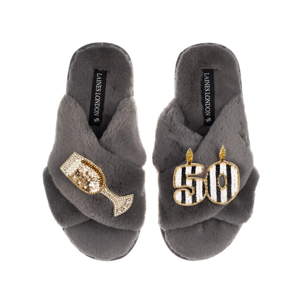 Laines London Classic Laines Slippers With Stripe 50th Birthday & Glass Of Champagne Brooches