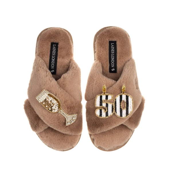 Laines London Classic Laines Slippers With Stripe 50th Birthday & Glass Of Champagne Brooches