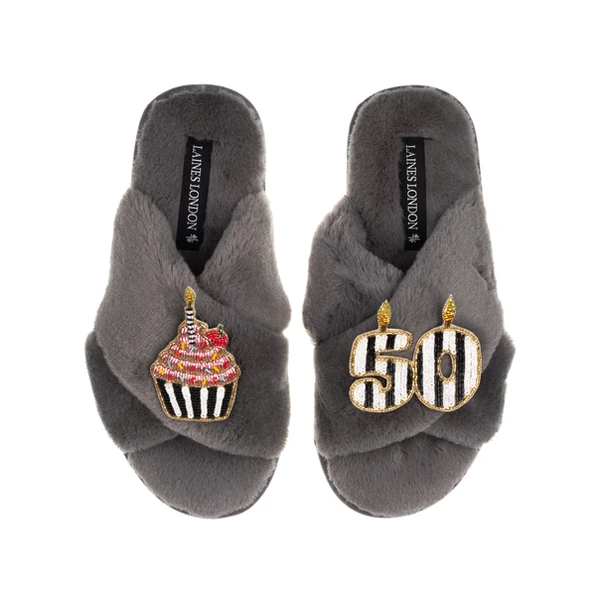 Laines London Classic Laines Slippers With Stripe 50th Birthday & Cake Brooches
