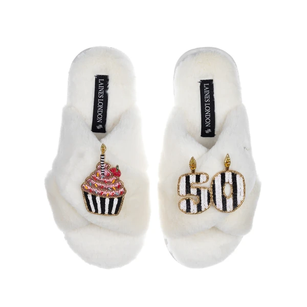 Laines London Classic Laines Slippers With Stripe 50th Birthday & Cake Brooches