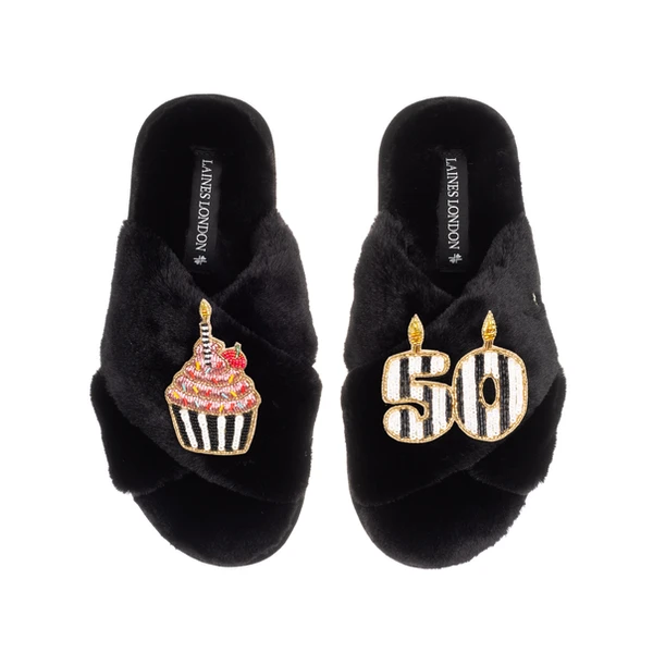 Laines London Classic Laines Slippers With Stripe 50th Birthday & Cake Brooches