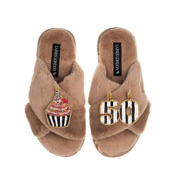 laines london Classic Laines Slippers With Stripe 50th Birthday & Cake Brooches