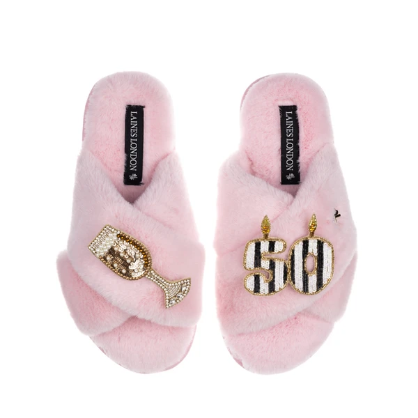 laines london Classic Laines Slippers With Stripe 50th Birthday & Glass Of Champagne Brooches