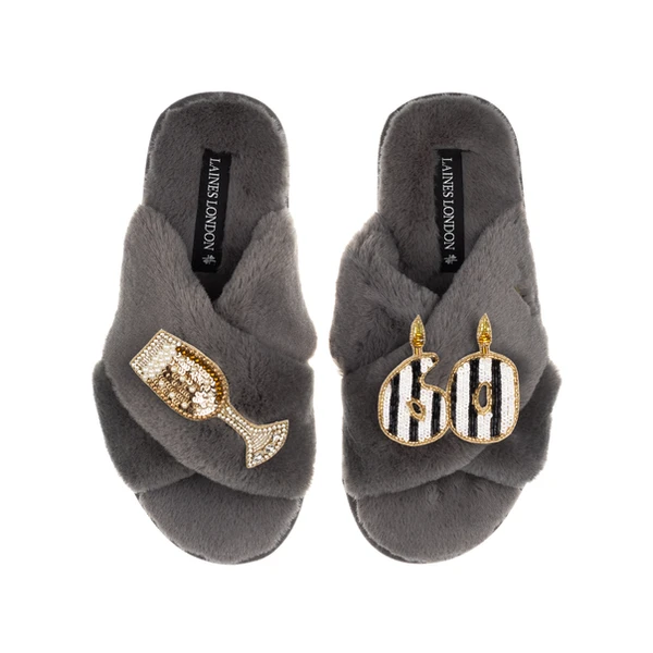 Laines London Classic Laines Slippers With Stripe 60th Birthday & Glass Of Champagne Brooches