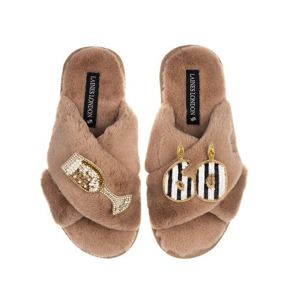 Laines London Classic Laines Slippers With Stripe 60th Birthday & Glass Of Champagne Brooches