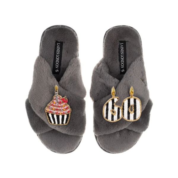 Laines London Classic Laines Slippers With Stripe 60th Birthday & Cake Brooches