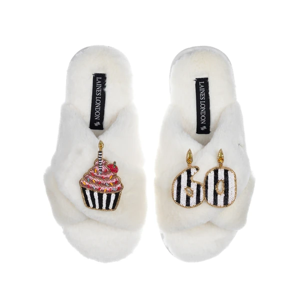 Laines London Classic Laines Slippers With Stripe 60th Birthday & Cake Brooches