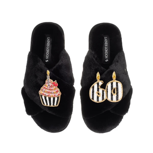 laines london Classic Laines Slippers With Stripe 60th Birthday & Cake Brooches