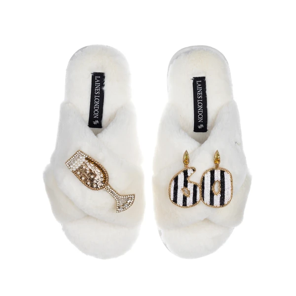 laines london Classic Laines Slippers With Stripe 60th Birthday & Glass Of Champagne Brooches