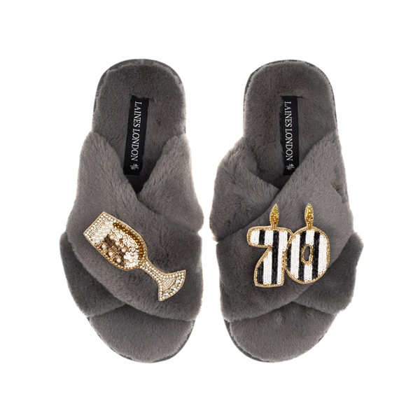Laines London Classic Laines Slippers With Stripe 70th Birthday & Glass Of Champagne Brooches