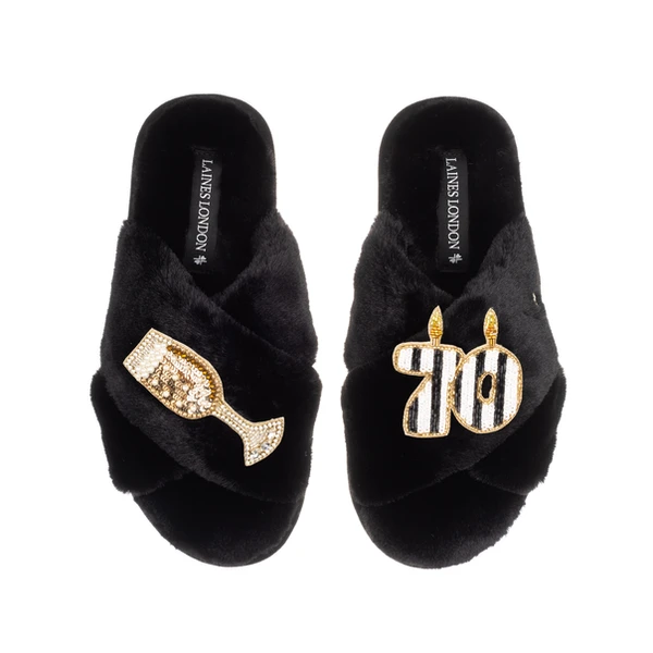 Laines London Classic Laines Slippers With Stripe 70th Birthday & Glass Of Champagne Brooches