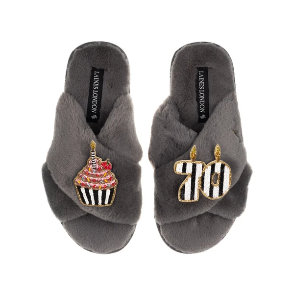 Laines London Classic Laines Slippers With Stripe 70th Birthday & Cake Brooches