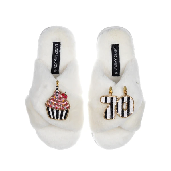 Laines London Classic Laines Slippers With Stripe 70th Birthday & Cake Brooches
