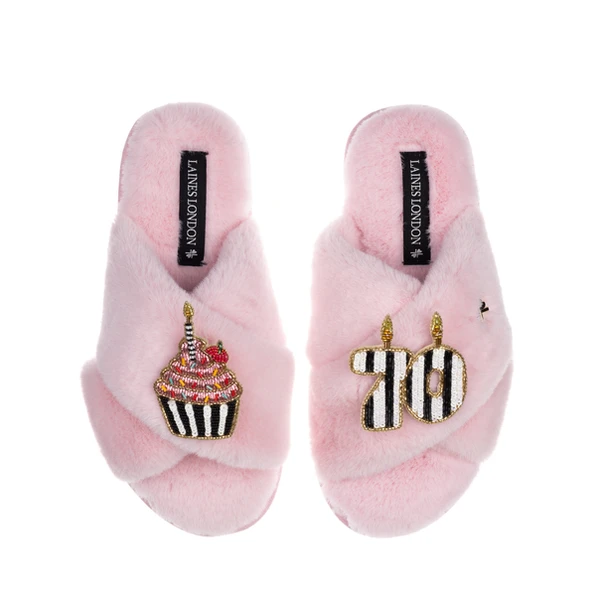 laines london Classic Laines Slippers With Stripe 70th Birthday & Cake Brooches