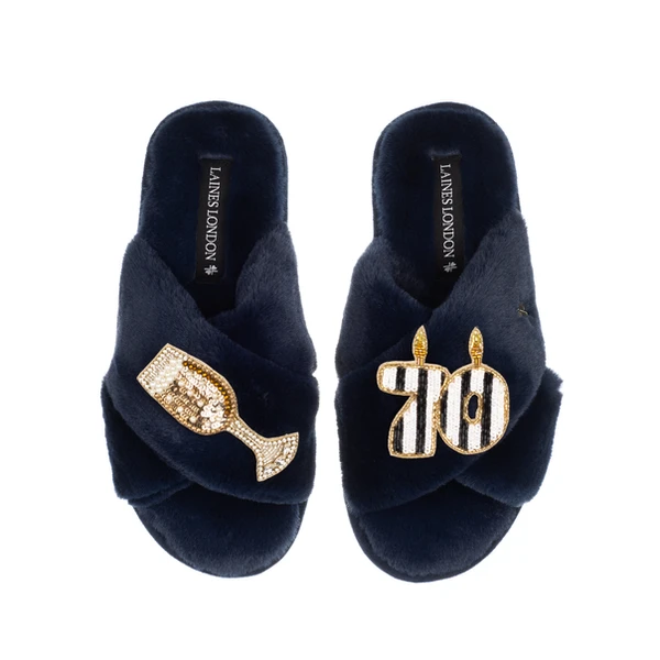 laines london Classic Laines Slippers With Stripe 70th Birthday & Glass Of Champagne Brooches