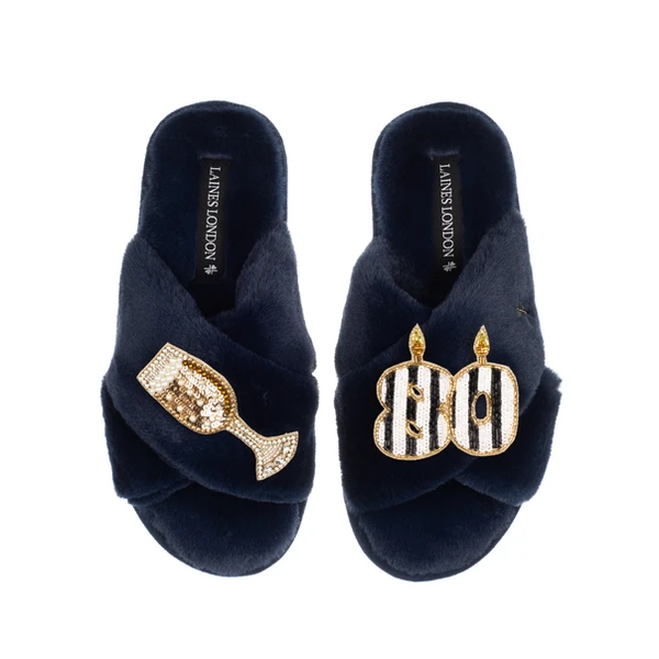 Laines London Classic Laines Slippers With Stripe 80th Birthday & Glass Of Champagne Brooches