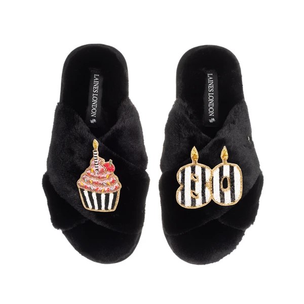 Laines London Classic Laines Slippers With Stripe 80th Birthday & Cake Brooches