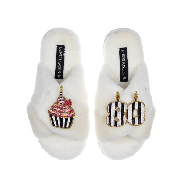 laines london Classic Laines Slippers With Stripe 80th Birthday & Cake Brooches