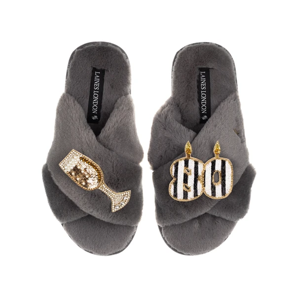 laines london Classic Laines Slippers With Stripe 80th Birthday & Glass Of Champagne Brooches