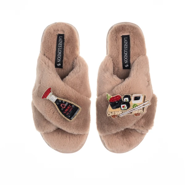 Laines London Classic Laines Slippers With Sushi & Soy Sauce Brooches