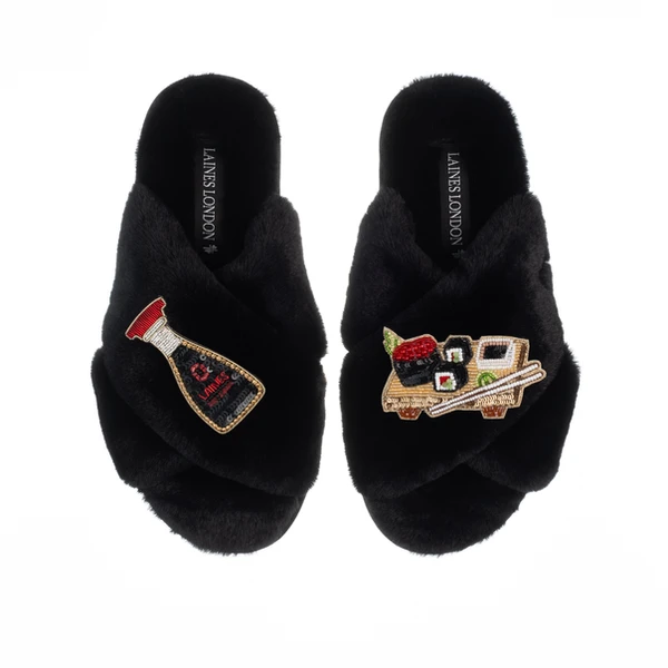 Laines London Classic Laines Slippers With Sushi & Soy Sauce Brooches