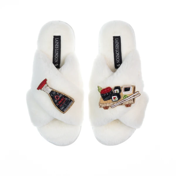 Laines London Classic Laines Slippers With Sushi & Soy Sauce Brooches