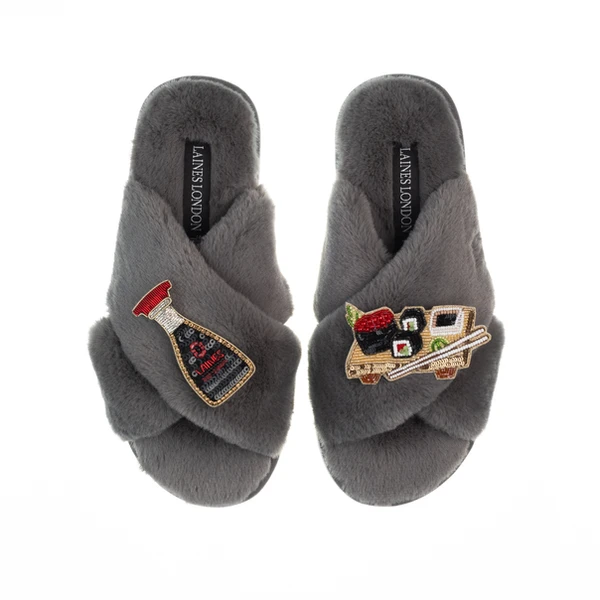 laines london Classic Laines Slippers With Sushi & Soy Sauce Brooches
