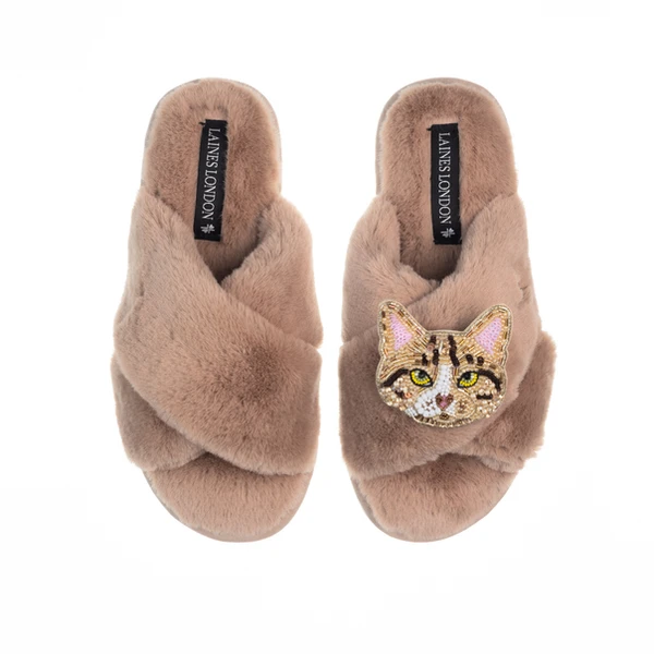 Laines London Classic Laines Slippers With Tabby Cat Brooch