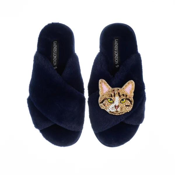 Laines London Classic Laines Slippers With Tabby Cat Brooch