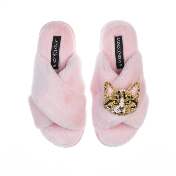 Laines London Classic Laines Slippers With Tabby Cat Brooch