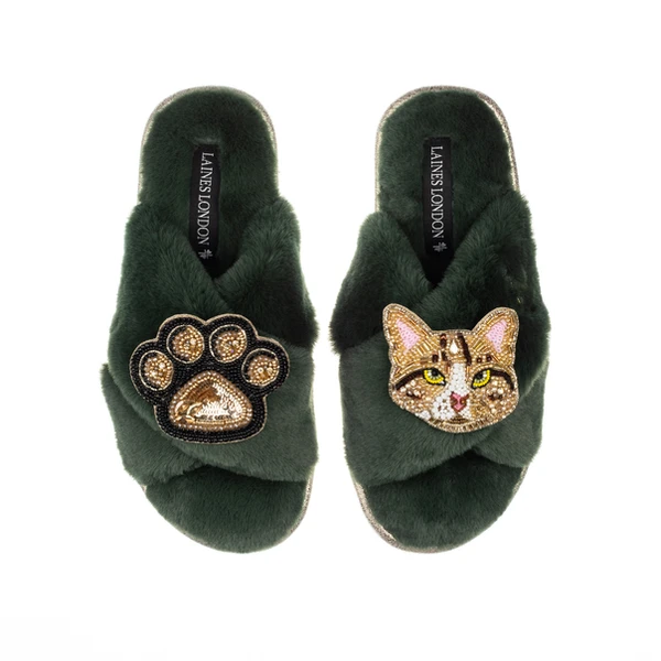 Laines London Classic Laines Slippers With Tabby Cat & Paw Brooches