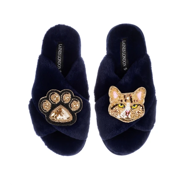 Laines London Classic Laines Slippers With Tabby Cat & Paw Brooches