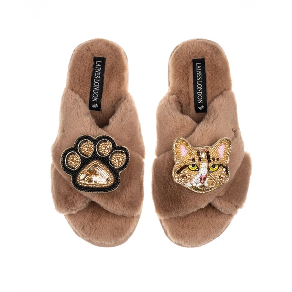 Laines London Classic Laines Slippers With Tabby Cat & Paw Brooches