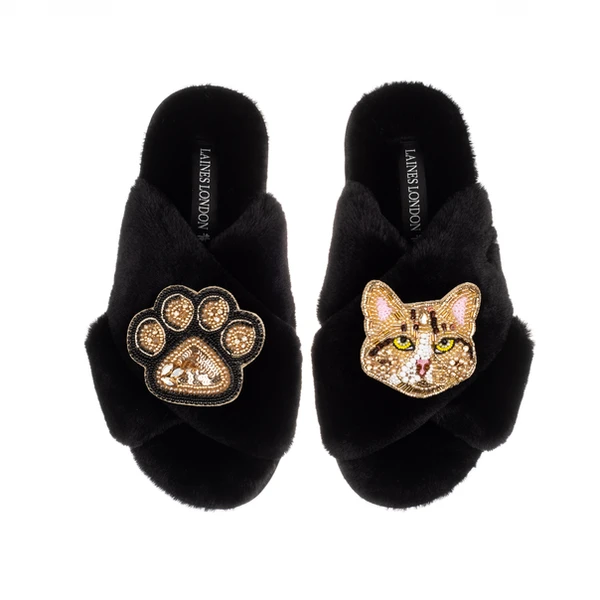 laines london Classic Laines Slippers With Tabby Cat & Paw Brooches