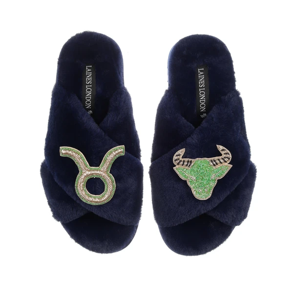 Laines London Classic Laines Slippers With Taurus Star Sign Brooches