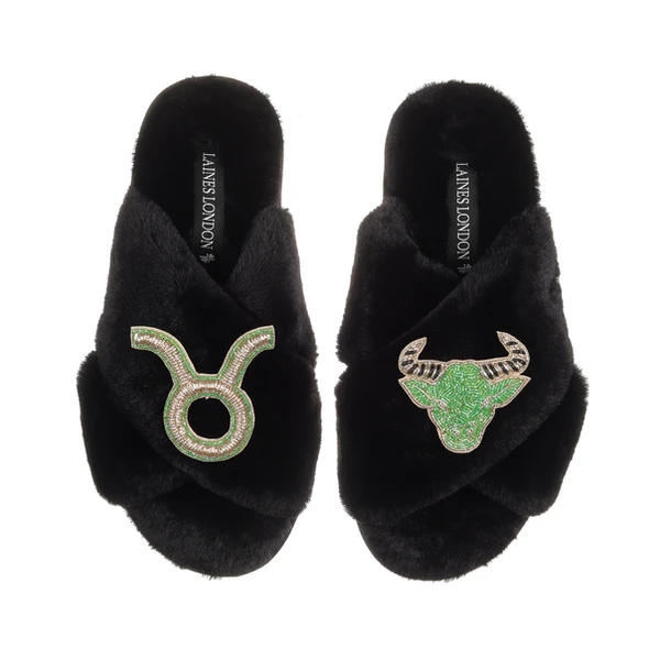 Laines London Classic Laines Slippers With Taurus Star Sign Brooches