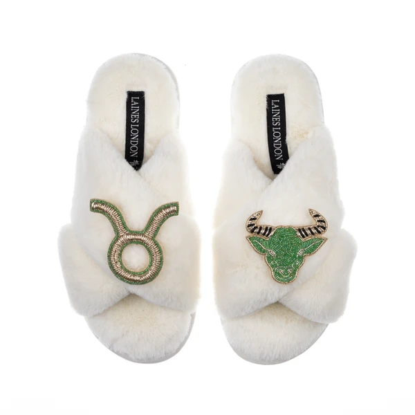 Laines London Classic Laines Slippers With Taurus Star Sign Brooches