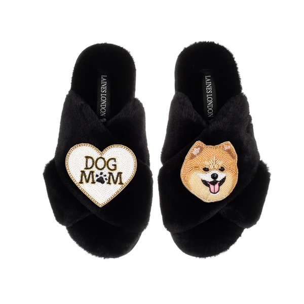 Laines London Classic Laines Slippers With Teddy The Pomeranian & Dog Mum / Mom Brooches