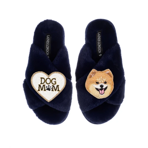 Laines London Classic Laines Slippers With Teddy The Pomeranian & Dog Mum / Mom Brooches