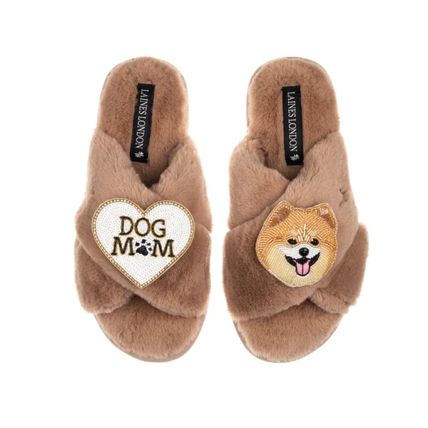 Laines London Classic Laines Slippers With Teddy The Pomeranian & Dog Mum / Mom Brooches