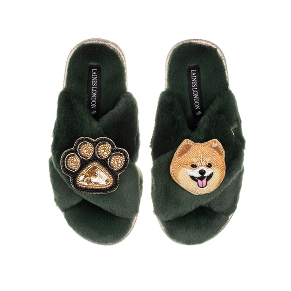 Laines London Classic Laines Slippers With Teddy The Pomeranian & Paw Brooches